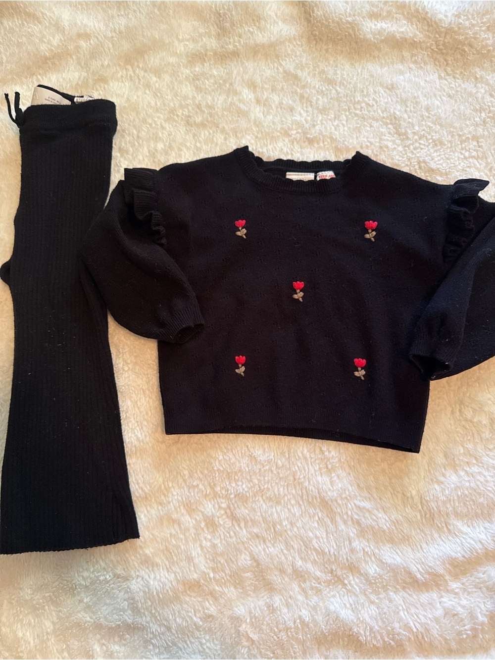 Zara black sweater with red embroidered flowers and legging set